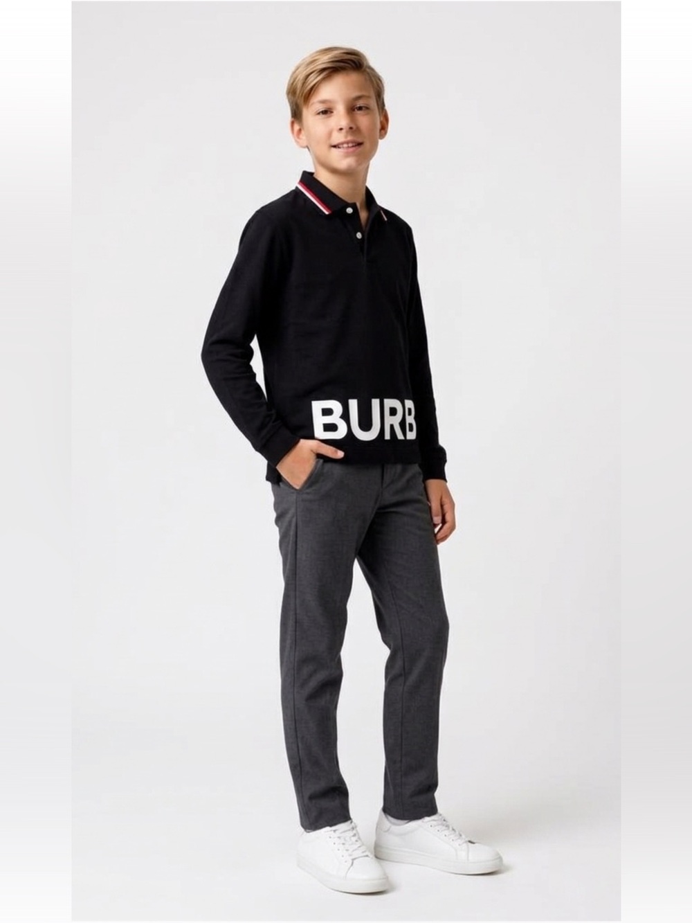 Burberry Kids Black Polo with Red and White Accents